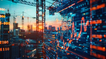 Image of financial data processing over crane and construction site global development business finance digital interface and data processing concept digitally generated image : Generative AI