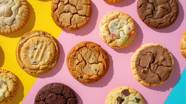 Assorted cookies on vibrant backdrop