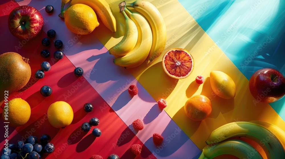 Poster assorted fruits on bright surface illuminated from above concept with fresh colorful fruits