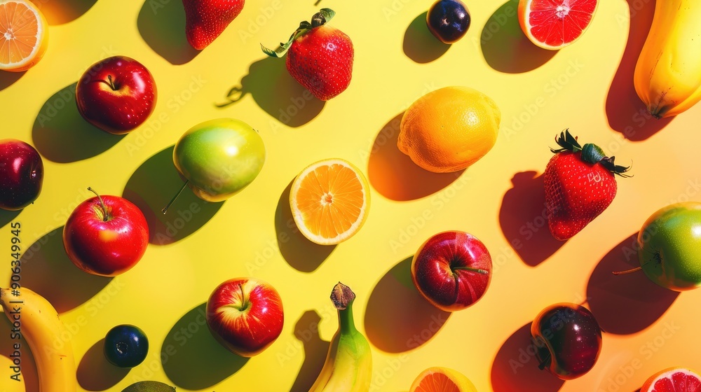 Poster assorted fruits on bright surface illuminated from above concept with fresh colorful fruits