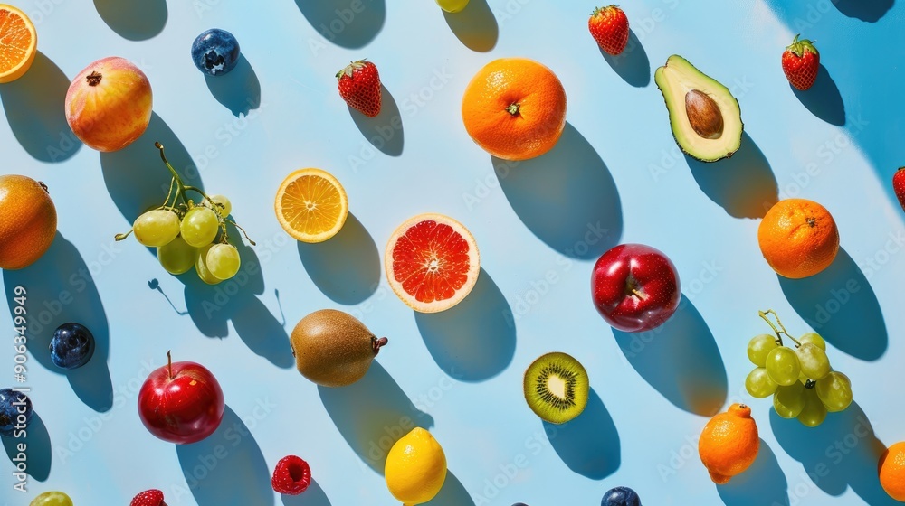 Poster assorted fruits on bright surface illuminated from above concept with fresh colorful fruits