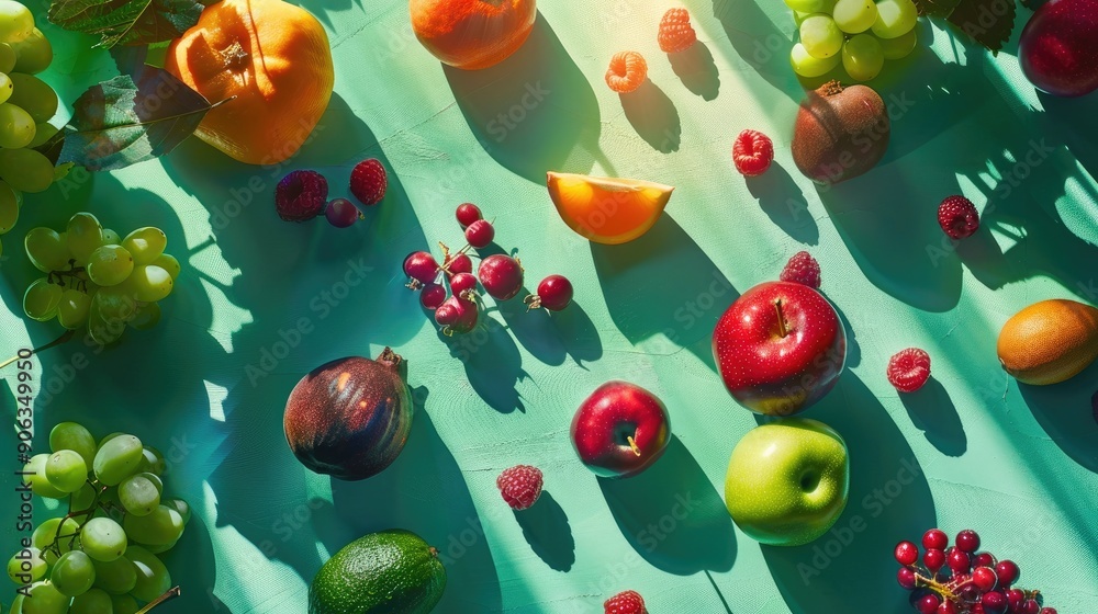Poster assorted fruits on bright surface illuminated from above concept with fresh colorful fruits