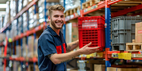 Obraz premium A smiling warehouse worker holding a red plastic crate, dressed in a dark blue and red uniform, a well-organized warehouse filled with shelves stocked with various goods and containers.