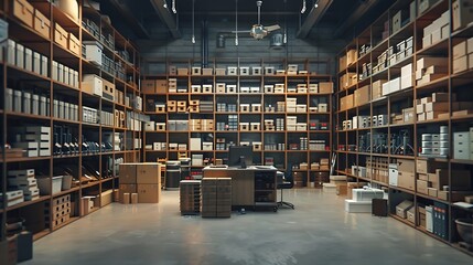 Obraz premium Empty storage room with office desk and shelves warehouse filled with boxes of retail products Order management and quality control space for stock merchandise small business : Generative AI