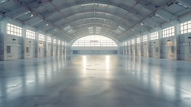 Huge empty industrial warehouse building White interior Hemispherical reinforced concrete load bearing roof with windows Unique architecture : Generative AI