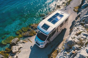 Camper van with solar panels on top of the roof standing close beside the seas, eco-friendly installation, travel vacation, scenic photography