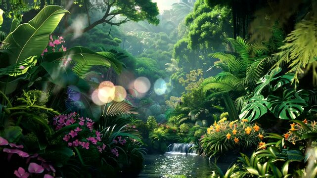 Lush tropical jungle with a cascading waterfall and vibrant flowers.