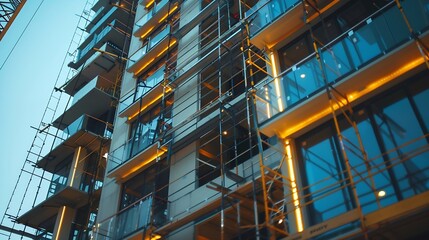 Under construction residential building with Cream color exterior view Highrise under construction building with modern design and black glass windows under construction skyscraper wit : Generative AI