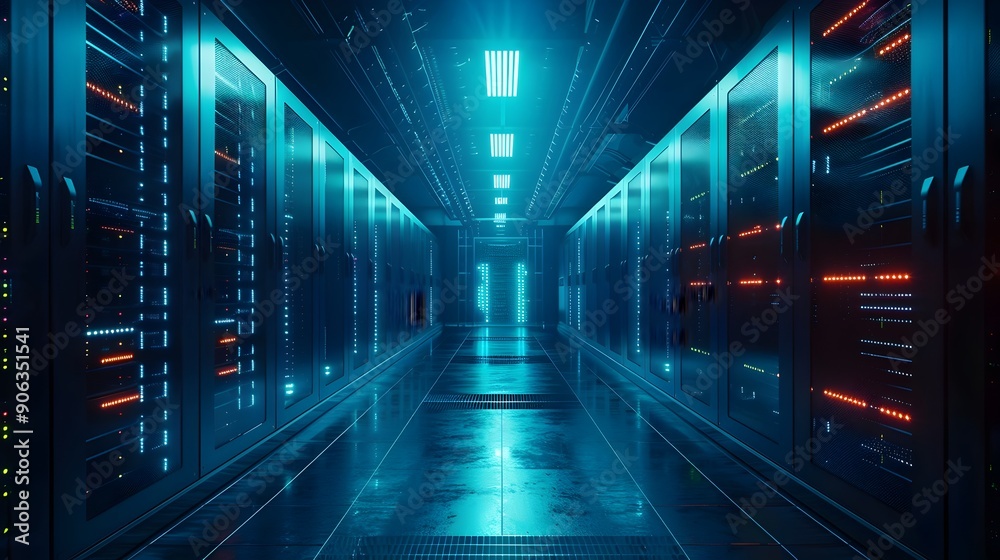 Poster high tech data center with advanced cooling systems ensuring efficient server