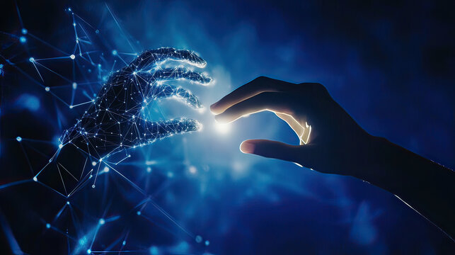 AI, Machine learning, Hands of robot and human touching on big data network connection, Data exchange, deep learning, Science and artificial intelligence technology, innovation of futuristic.