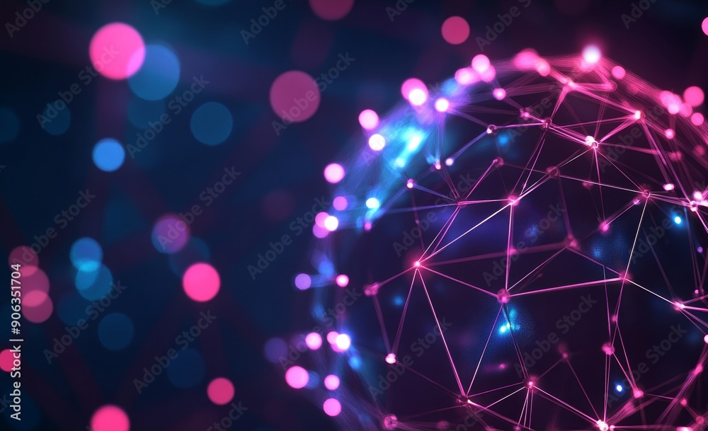 Poster 3d illustration of a polygonal mesh with bright flashes. abstract bokeh effect. artificial neural ne