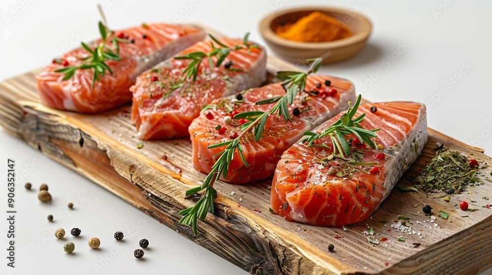 Poster wooden board with raw salmon steaks and different spices on white background : generative ai