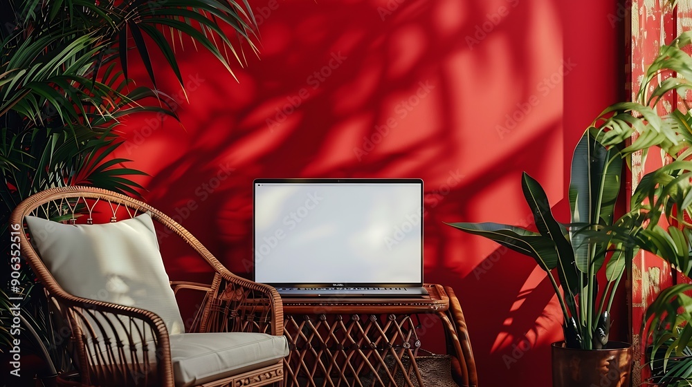 Aufkleber Laptop computer with blank screen on comfortable rattan chair against red color wall Aesthetic template with mockup copy space Online store blog social media website branding Online sh : Generative AI