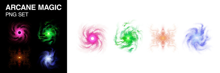 Magic spells arcane orbs png set of game graphics for fantasy books or RPG games depicting swirling magical effects