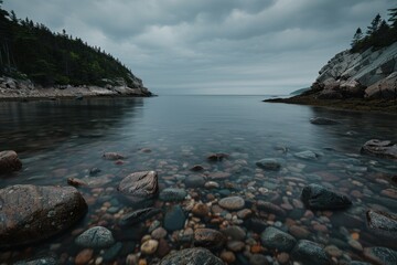 Rocky Ocean Inlet with Forested Headlands and Still Water