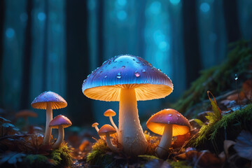 autumn leaves with moss on the ground and glowing mushroom in the forest.
