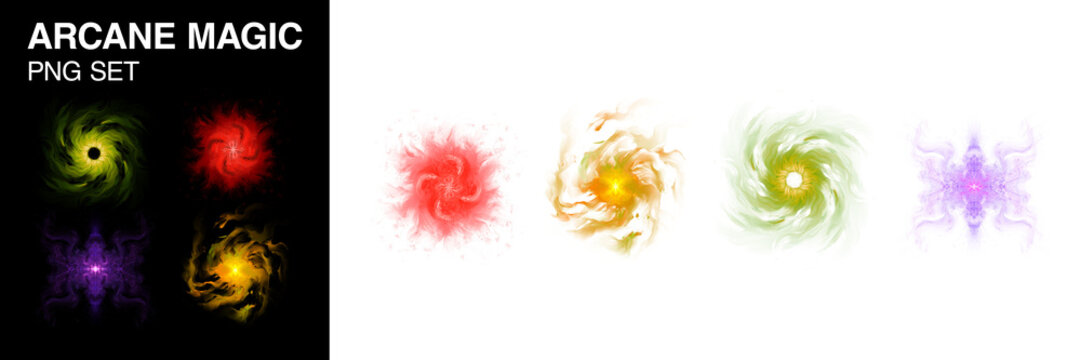 Magic spells arcane orbs png set of game graphics for fantasy books or RPG games depicting swirling magical effects