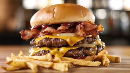 Double smash burger with crispy bacon cheddar cheese onions and fries