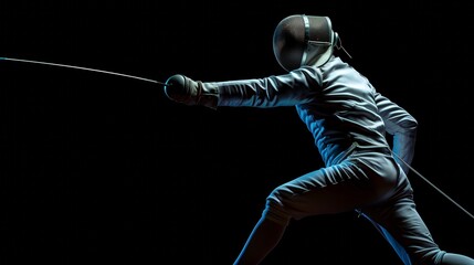 Fencer in Action  A Powerful Silhouette. Isolate on black background. Free title space.