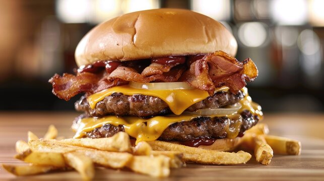 Double smash burger with crispy bacon cheddar cheese onions and fries