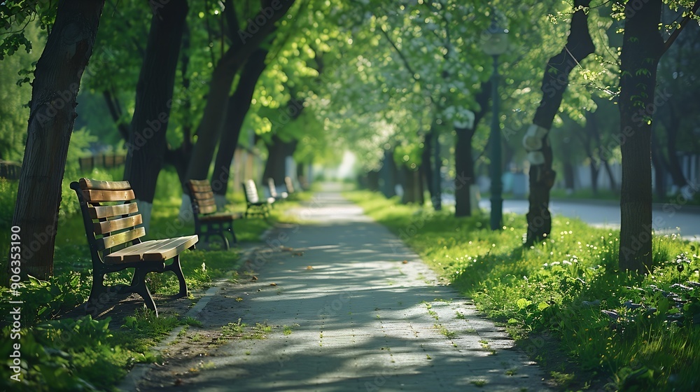 Poster An empty park alley on a spring day : Generative AI