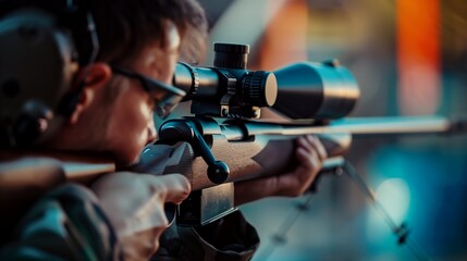 Global Sporting Challenge. Close-up of a Person Aiming a Rifle with Scope.