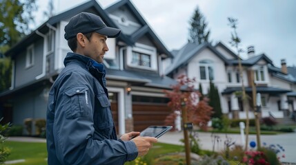 Home Insurance Agent Assessing Property with Tablet in Suburban Neighborhood