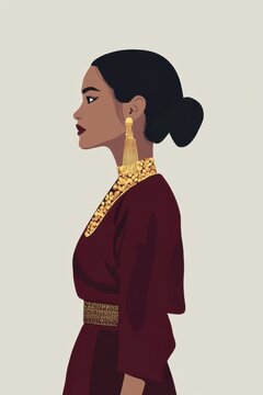 Minimalism illustration, a Cambodian woman, wearing an elegant sampot in deep burgundy with gold accents, traditional fashion, flat illustration on light gray background 