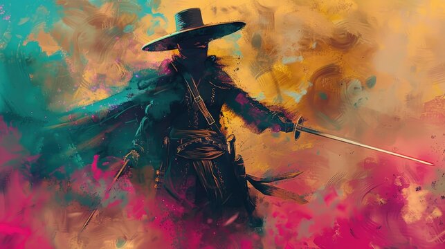wide full body shot of wealthy Californio Mexican landowner wearing Zorro hat defending himself with a saber high detail digital art colorful