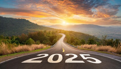 Open empty road path end and new year 2025. Upcoming 2025 goals and leaving behind 2024 year. passing time future, life plan change, work start run line, sunset hope growth begin, go forward concept.