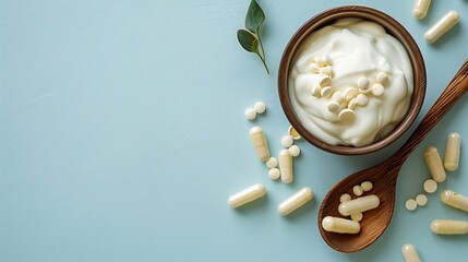 Capsules probiotic on a wooden spoon and bowl with homemade yogurt on light blue background Fermented foods dairy nutritional supplement healthy digestion concept Top view flat lay : Generative AI