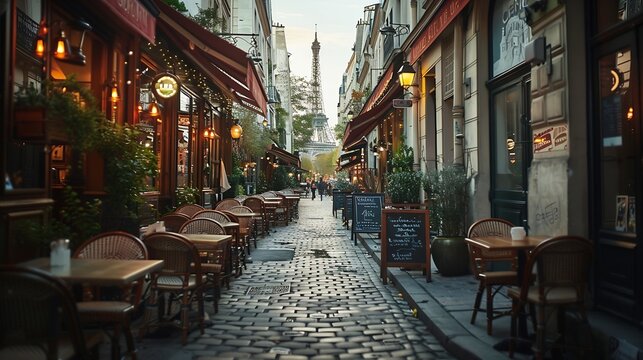 Fototapeta Cozy street with tables of cafe in Paris France Cityscape of Paris Architecture and landmarks of Paris : Generative AI