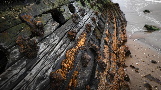 Wood center spine of old shipwreck ship exposed on beach with moss barnacles rust deposit stains