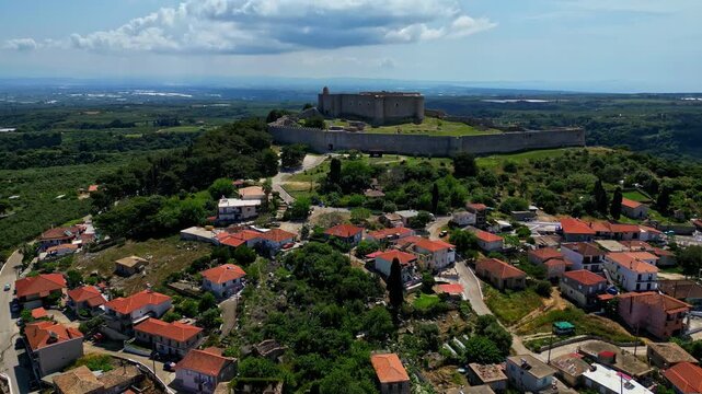 Panoramic View Of Chlemoutsi Castle Museum In The Medieval Castle Of Chlemoutsi In Southern Greece. Aerial Shot