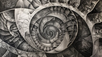 an intricate complex ornamental Fibonacci fractal spiral black and white zen tangle type drawing made with silver graphite on slightly textured paper reflective graphite marks hard dense pencil lines