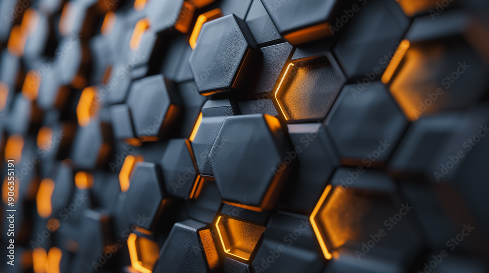 Poster a black and orange hexagonal pattern with a metallic texture