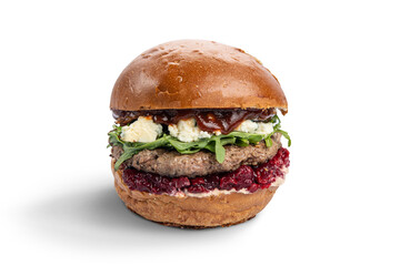 A delicious hamburger on a white background.