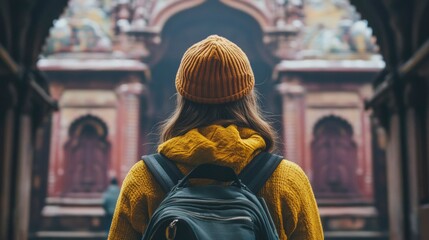 Obraz premium Woman in Yellow Sweater Standing in Front of a Temple