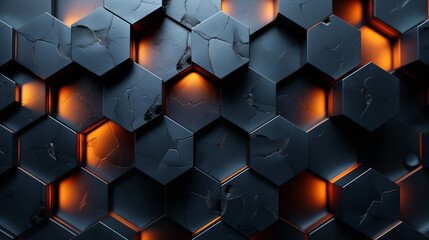 A black and orange background with a pattern of hexagons