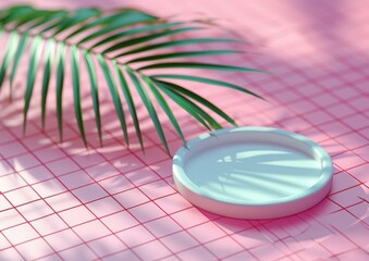 Minimalist Palm Leaf and White Disc on a Pink Grid