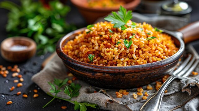 Dishes from traditional Turkish cuisine head bulgur pilaf whole bulgur wheat Turkish name Soganli bulgur pilavi or basbasi bugday pilavi
