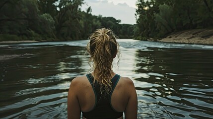 Fototapeta premium Fit blonde woman stands in the river water before entering for a swim