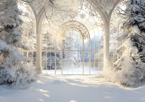 Digital backdrop, winter garden with intricate snow-covered trees, ornate white window. Wedding photography.