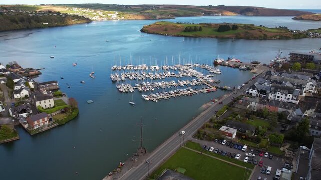 Drone Shot of Kinsale, Ireland. City Marina, Coastal Traffic and Bandon River Bay