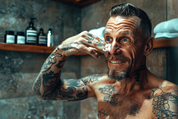 Man with tattoos applying facial cream in bathroom, smiling confidently