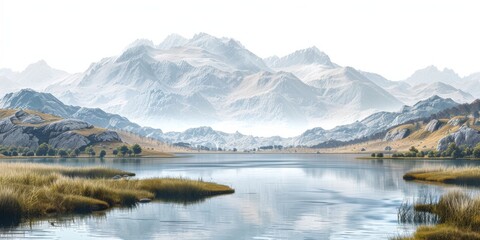 Fototapeta premium Spectacular Mountain Range and Expansive Water Body Isolated on a Transparent Background, Capturing the Essence of Natural Beauty and Serenity.
