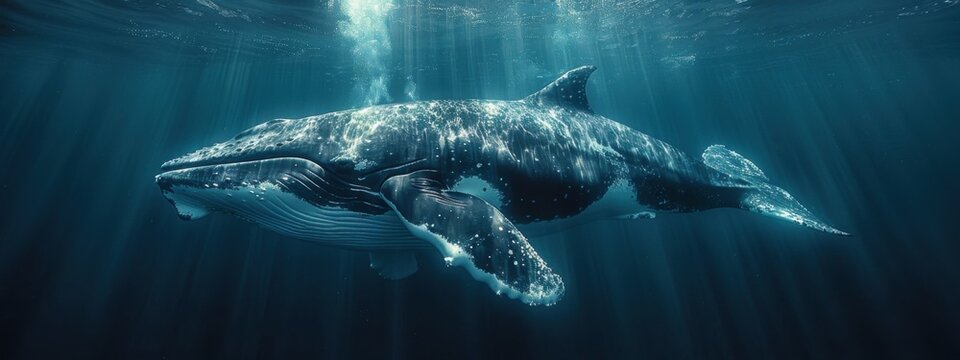 A dolphin gracefully swimming in the blue ocean waters, surrounded by vibrant marine life and shimmering sunlight