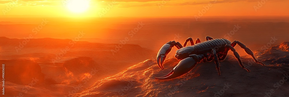 Poster The silhouette of a scorpion poised on a rock in the desert, with the setting sun casting a fiery glow.