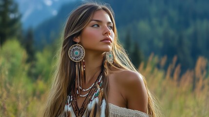 Beautiful native American woman wearing dreamcatcher earrings and necklaces is standing in a meadow near forest mountains.