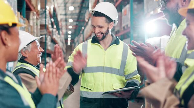 Clapping, tablet and logistics team in warehouse for distribution sale, achievement or profit increase. Applause, celebration and supply chain people with digital tech for cargo freight statistics.